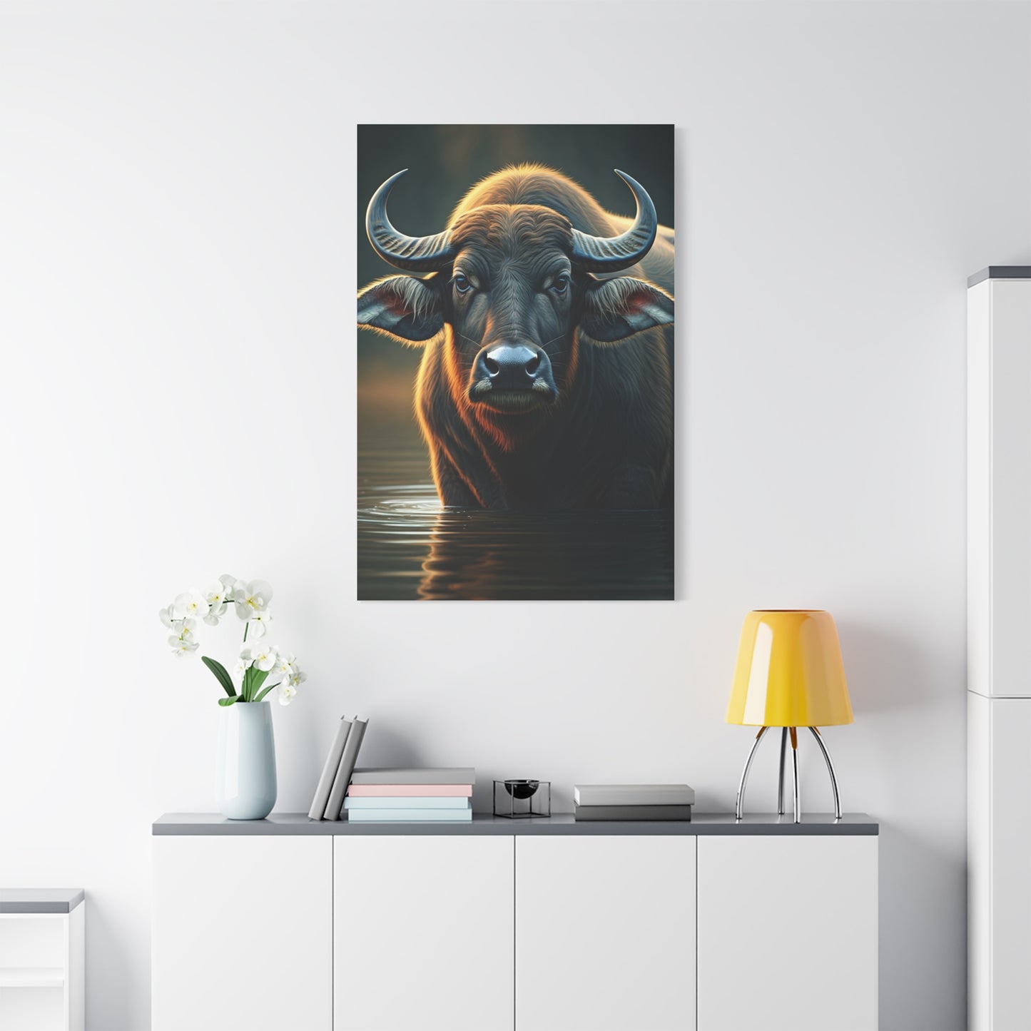 Golden Rim-Lit Buffalo Emerging from Water Wall Art & Canvas Print