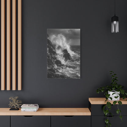 Monochrome Ocean Impact Rock Scene Wall Art & Canvas Print