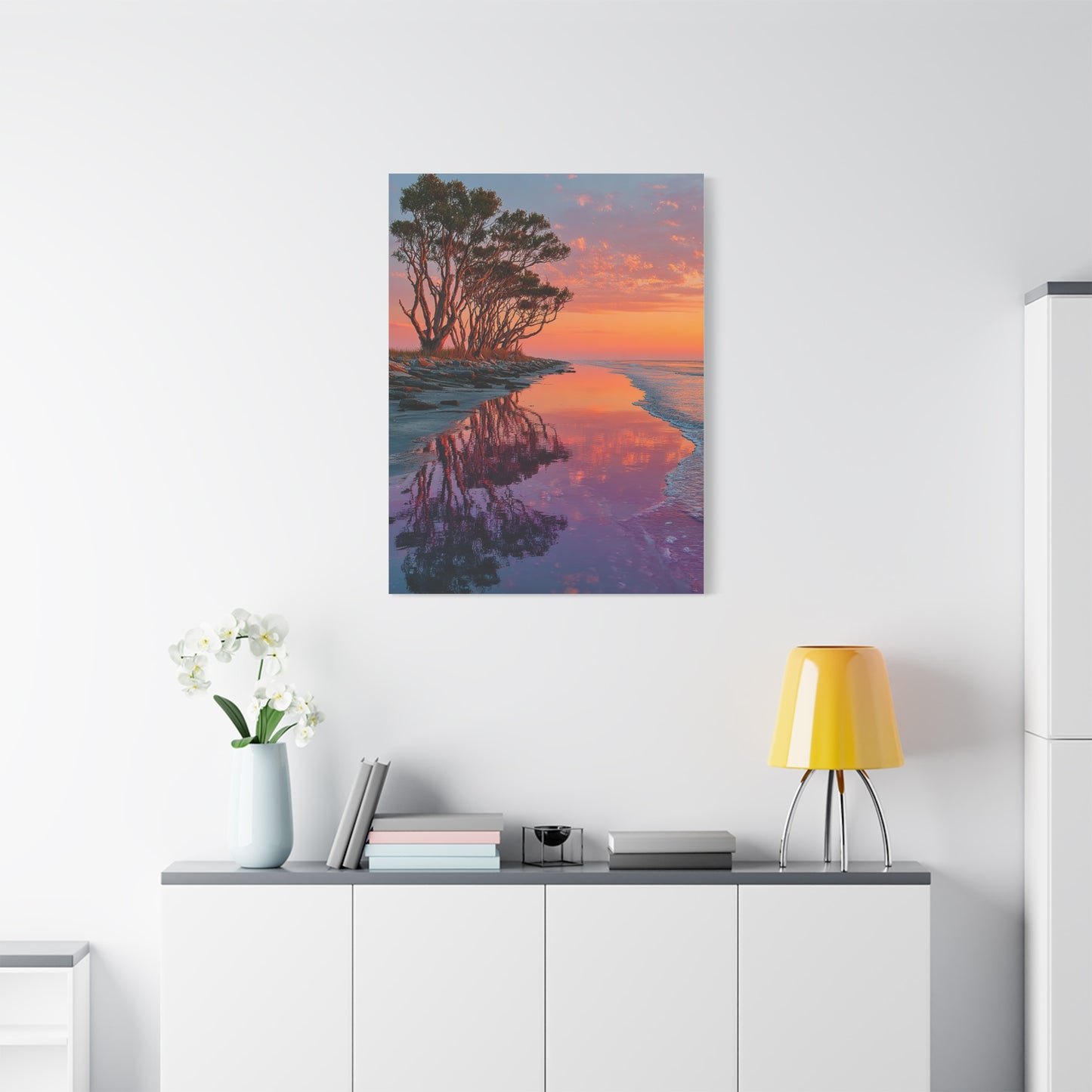 Driftwood Coastal Reflection Sunrise Wall Art & Canvas Print