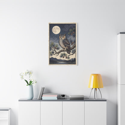Vintage Moonlit Owl Woodblock Wall Art & Canvas Print