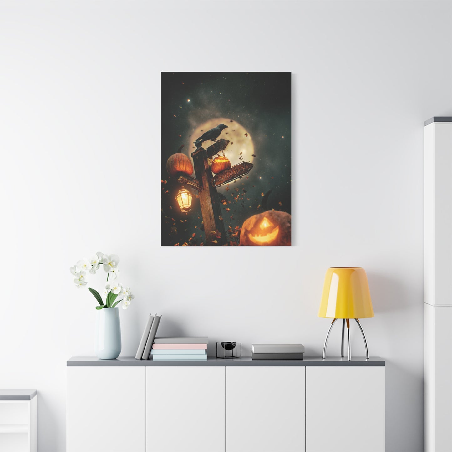 Crow on Pumpkin Signpost Under the Full Moon Wall Art & Canvas Print