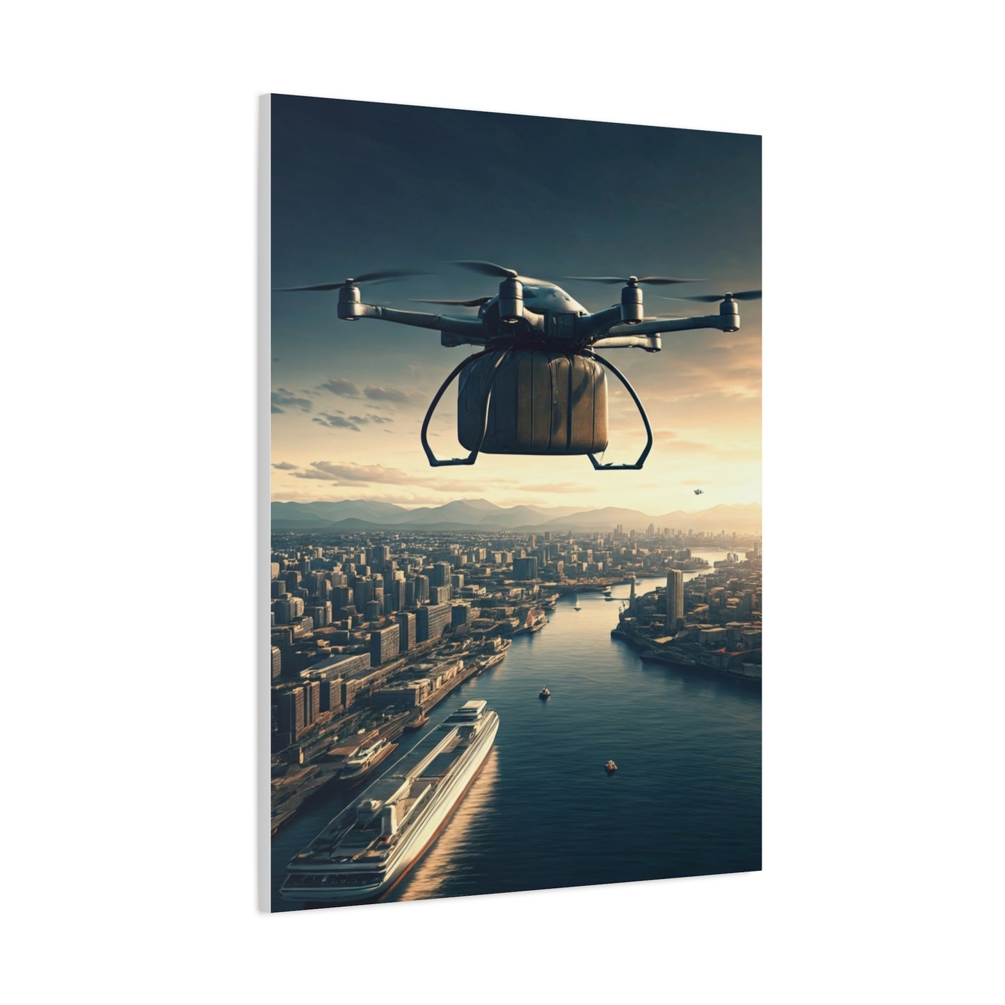 Futuristic Delivery Drone Over City Wall Art & Canvas Prints