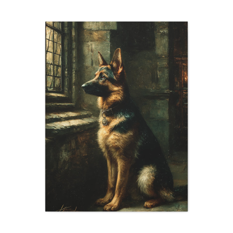 German Shepherd by Window Wall Art & Canvas Print