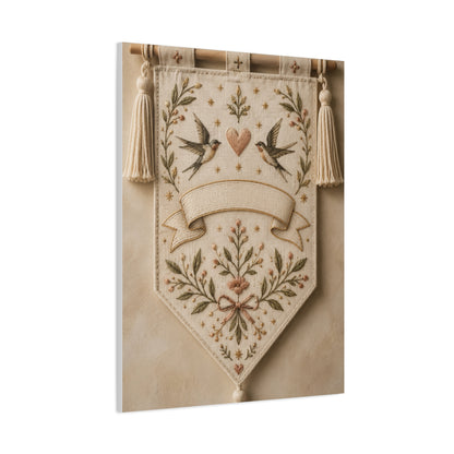 Hand-Embroidered Romantic Birds Textile Wall Art & Canvas Print