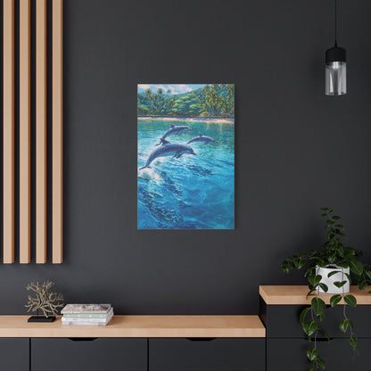 Dolphins Leaping Near Tropical Coastline Wall Art & Canvas Print