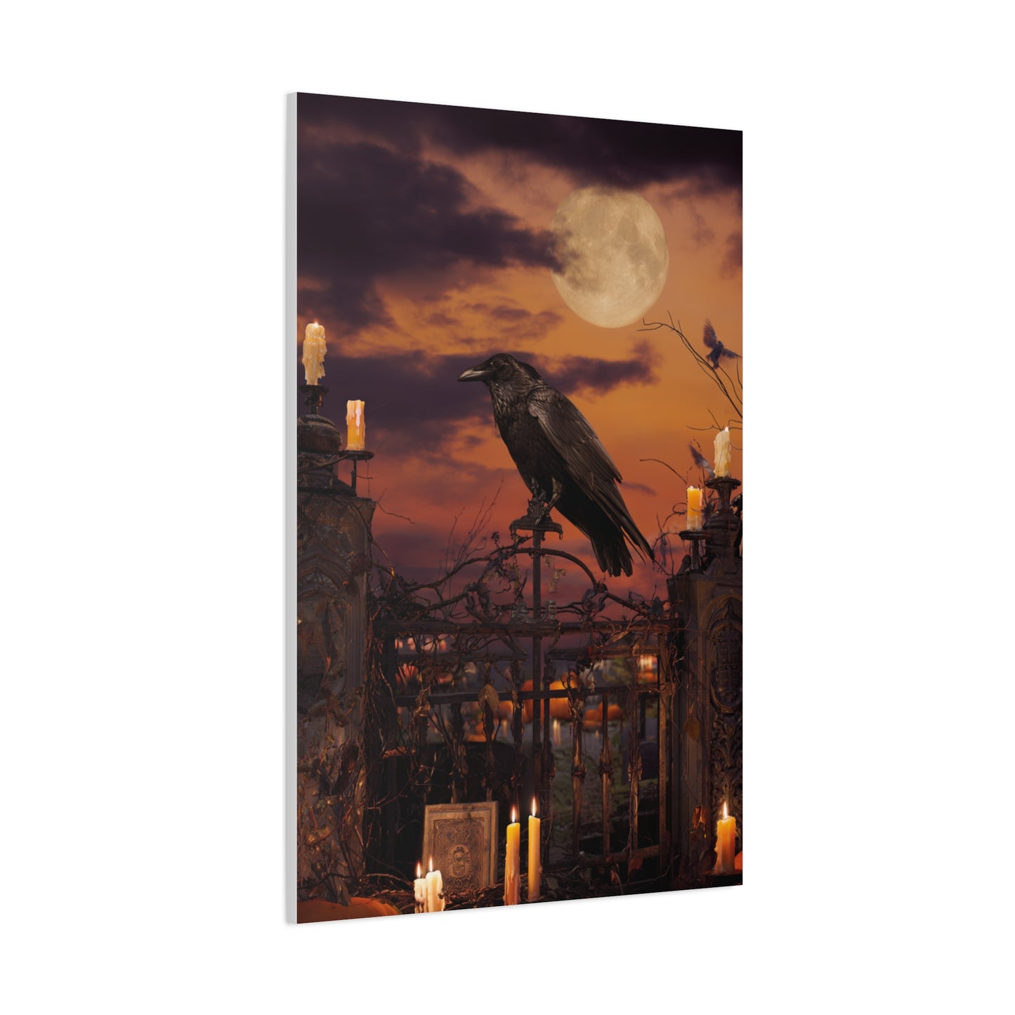 Raven on Moonlit Cemetery Gate Wall Art & Canvas Print
