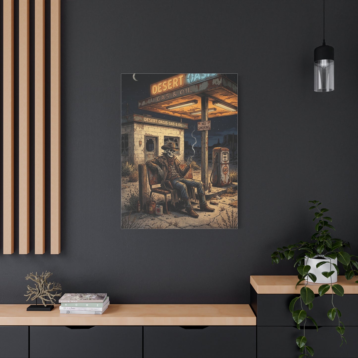 Desert Oasis Skeleton Cowboy Scene Wall Art & Canvas Print