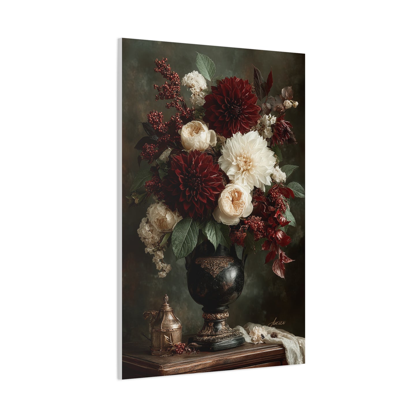 Burgundy Dahlia Floral Still Life Wall Art & Canvas Print