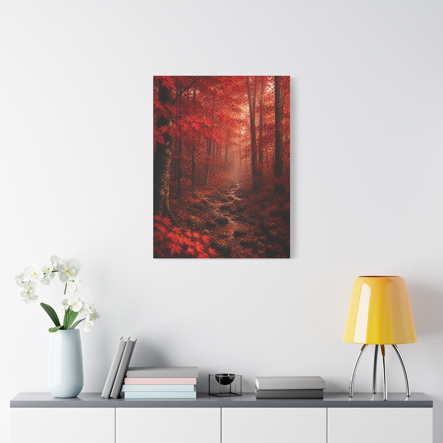 Crimson Autumn Forest Stream Wall Art & Canvas Print