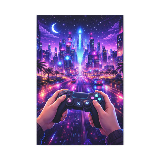 Cyberpunk Night Drive Gaming Scene Wall Art & Canvas Print
