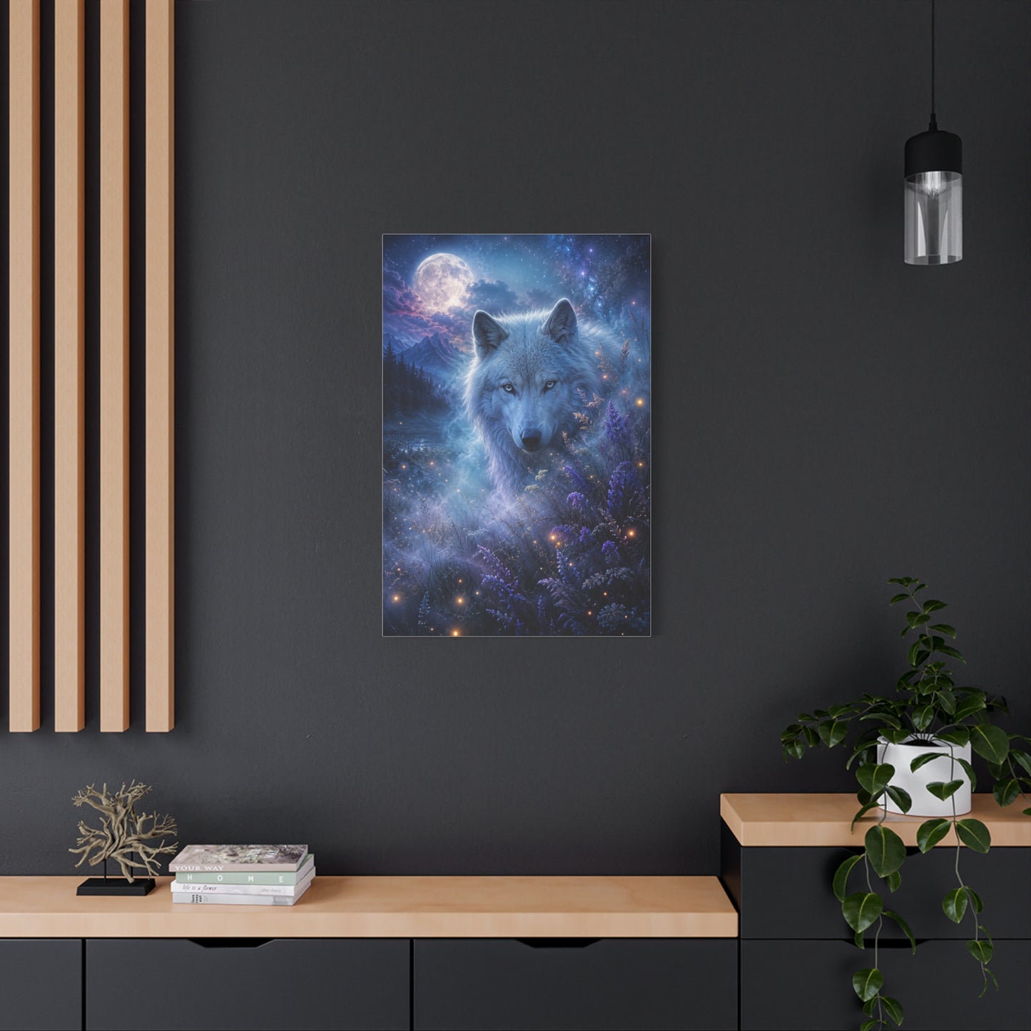 Moonlit White Wolf Portrait Wilderness Scene Wall Art & Canvas Print