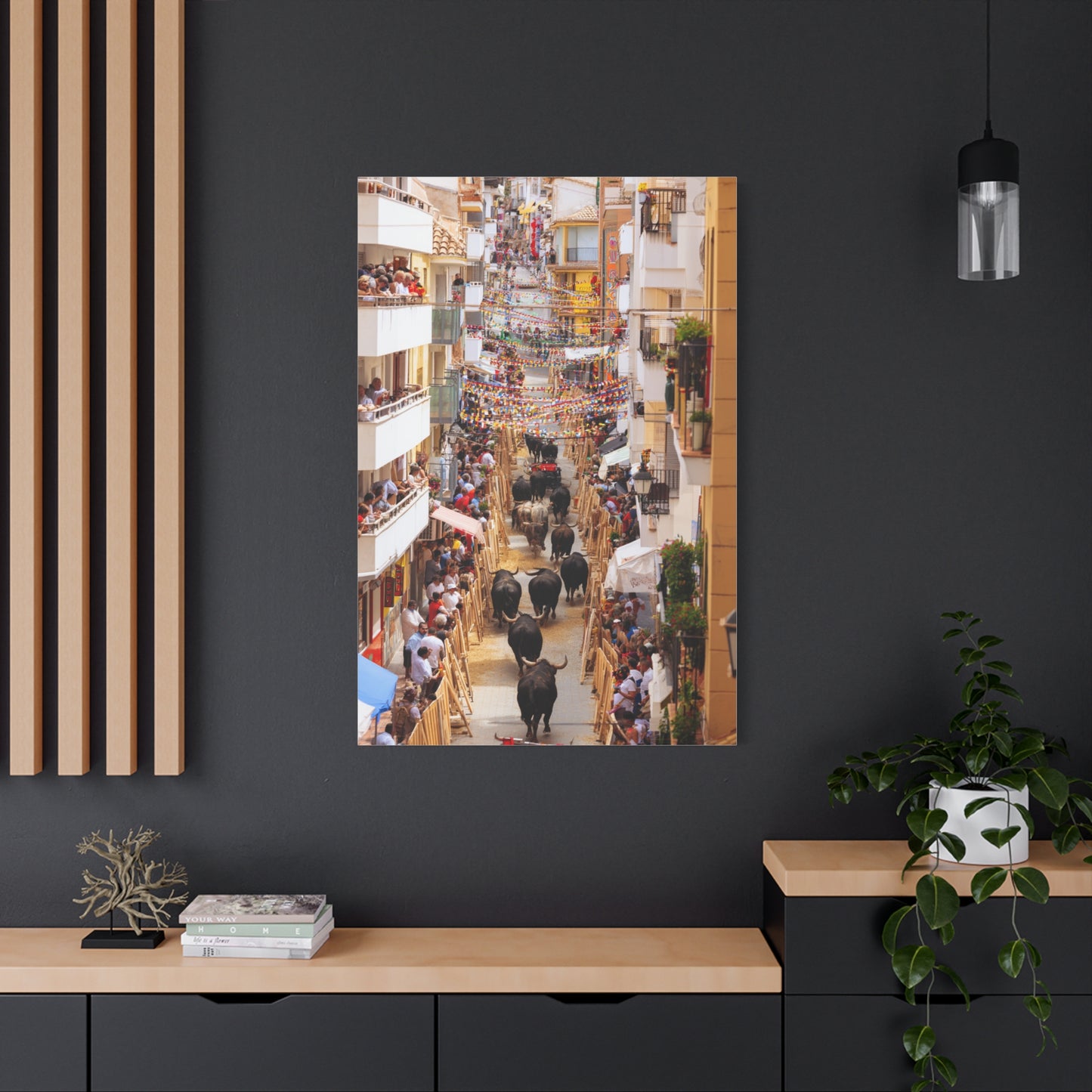 Spanish Village Bull Festival Street Scene Wall Art & Canvas Print