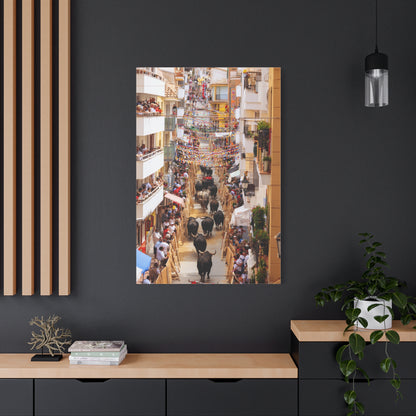 Spanish Village Bull Festival Street Scene Wall Art & Canvas Print