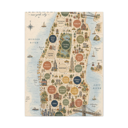 Manhattan Illustrated Map Composition Wall Art & Canvas Print