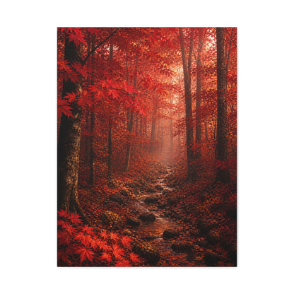 Crimson Autumn Forest Stream Wall Art & Canvas Print