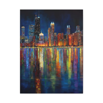 Chicago Skyline Night Reflections Wall Art & Canvas Print