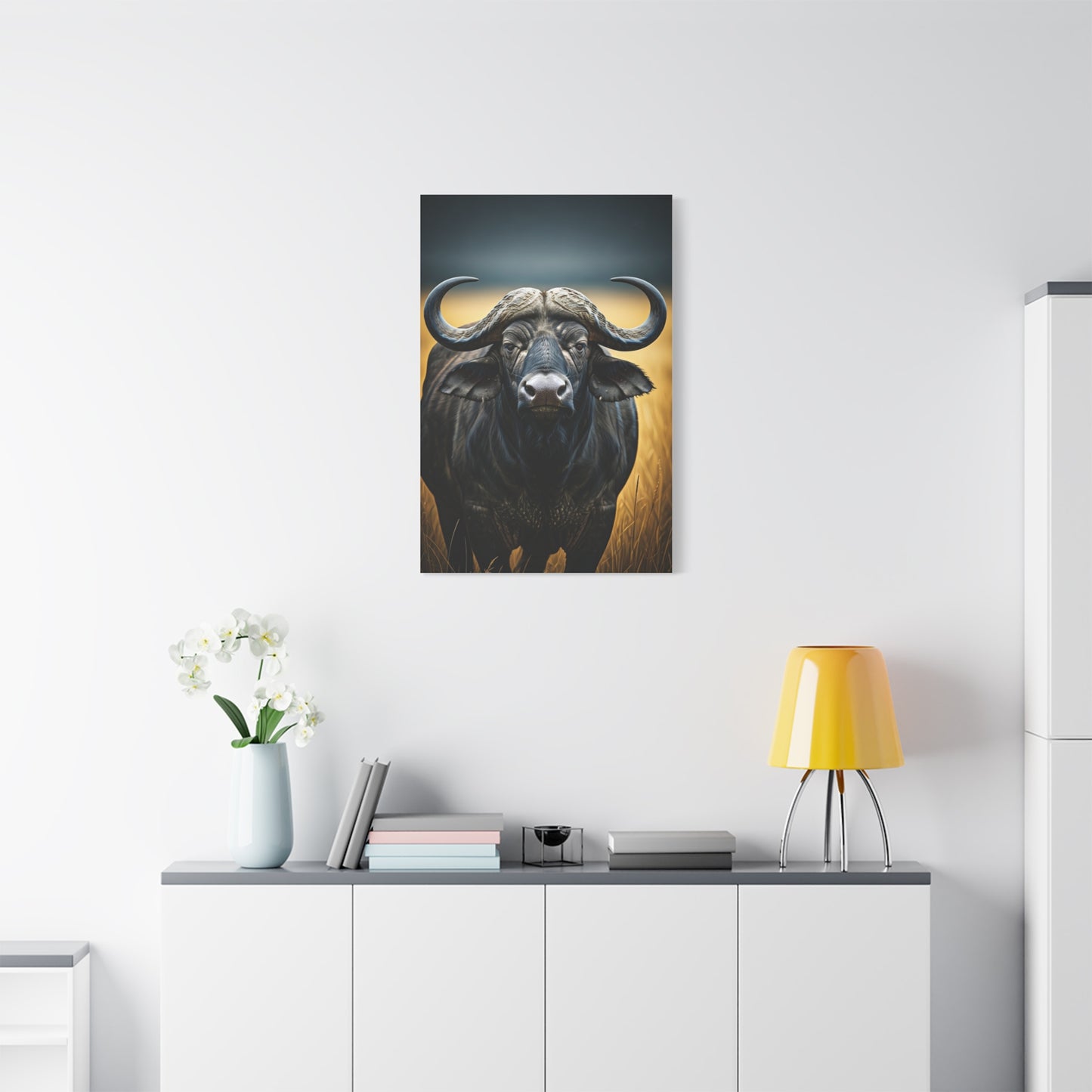 Cape Buffalo Symmetrical Portrait with Golden Backlight Wall Art & Canvas Print