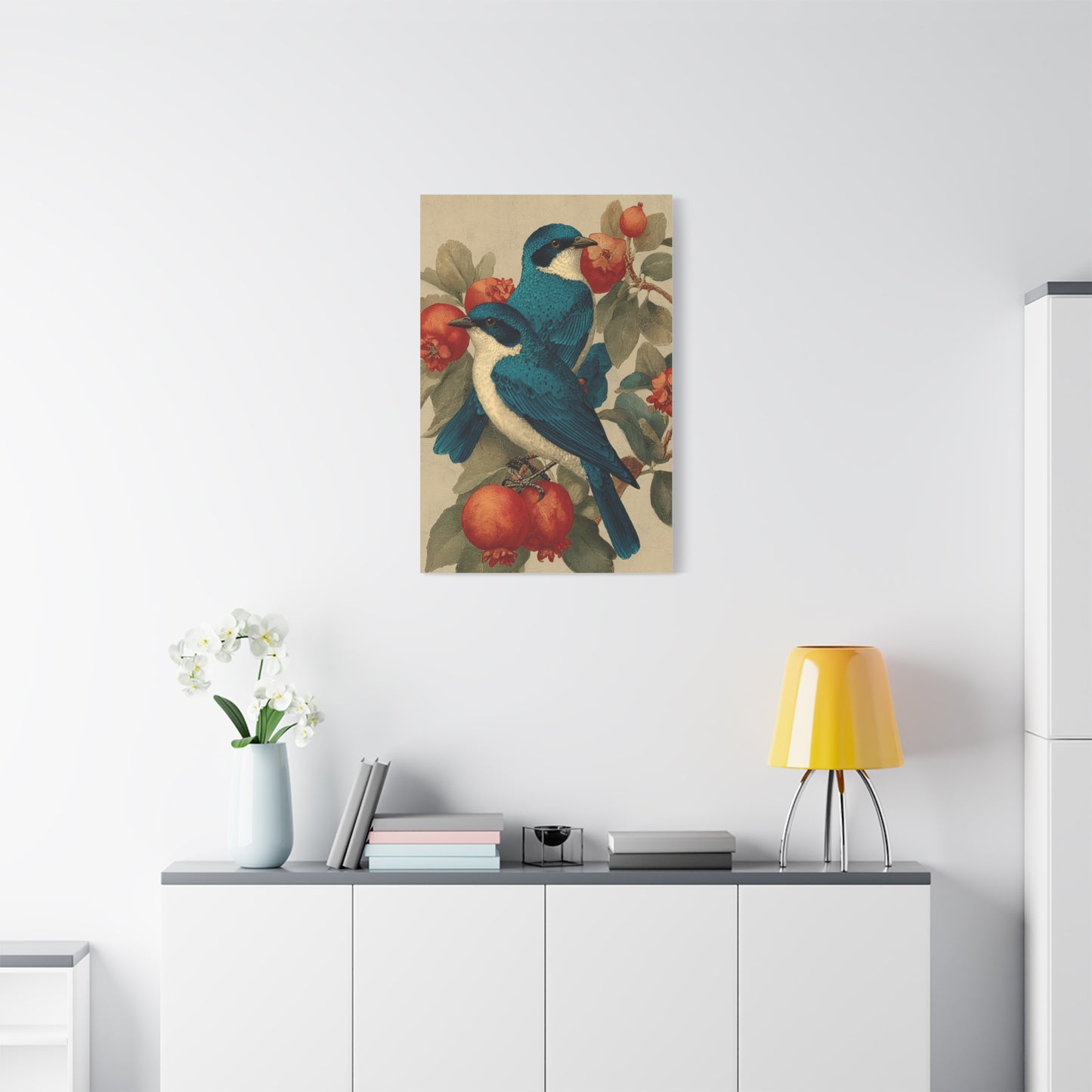 Blue Folk Birds Pomegranate Wall Art & Canvas Print