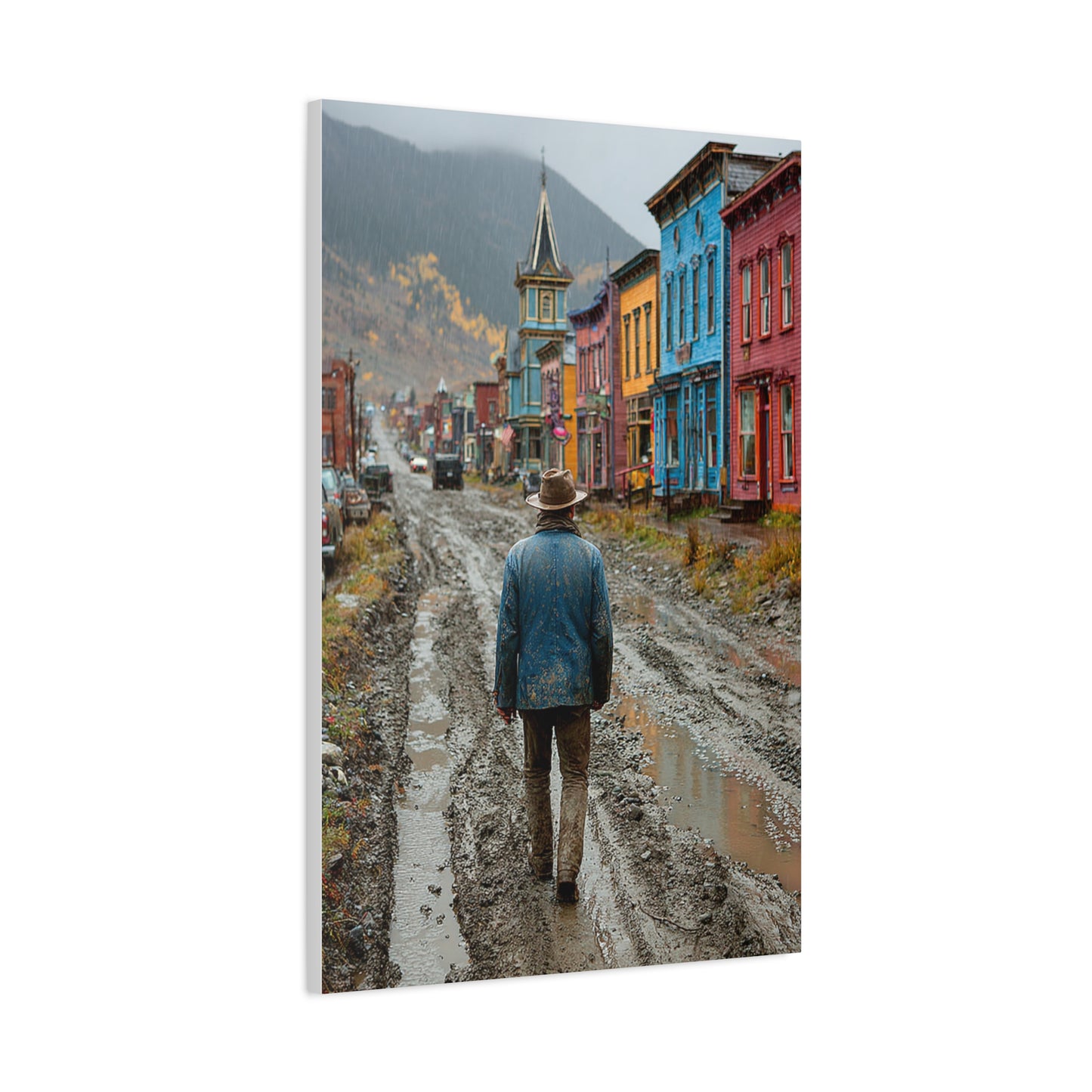 Lone Cowboy Walking Through a Rainy Frontier Street Wall Art & Canvas Print