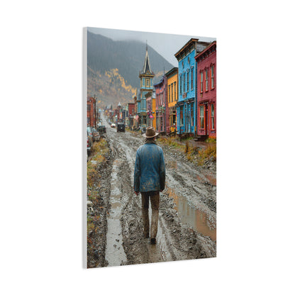 Lone Cowboy Walking Through a Rainy Frontier Street Wall Art & Canvas Print