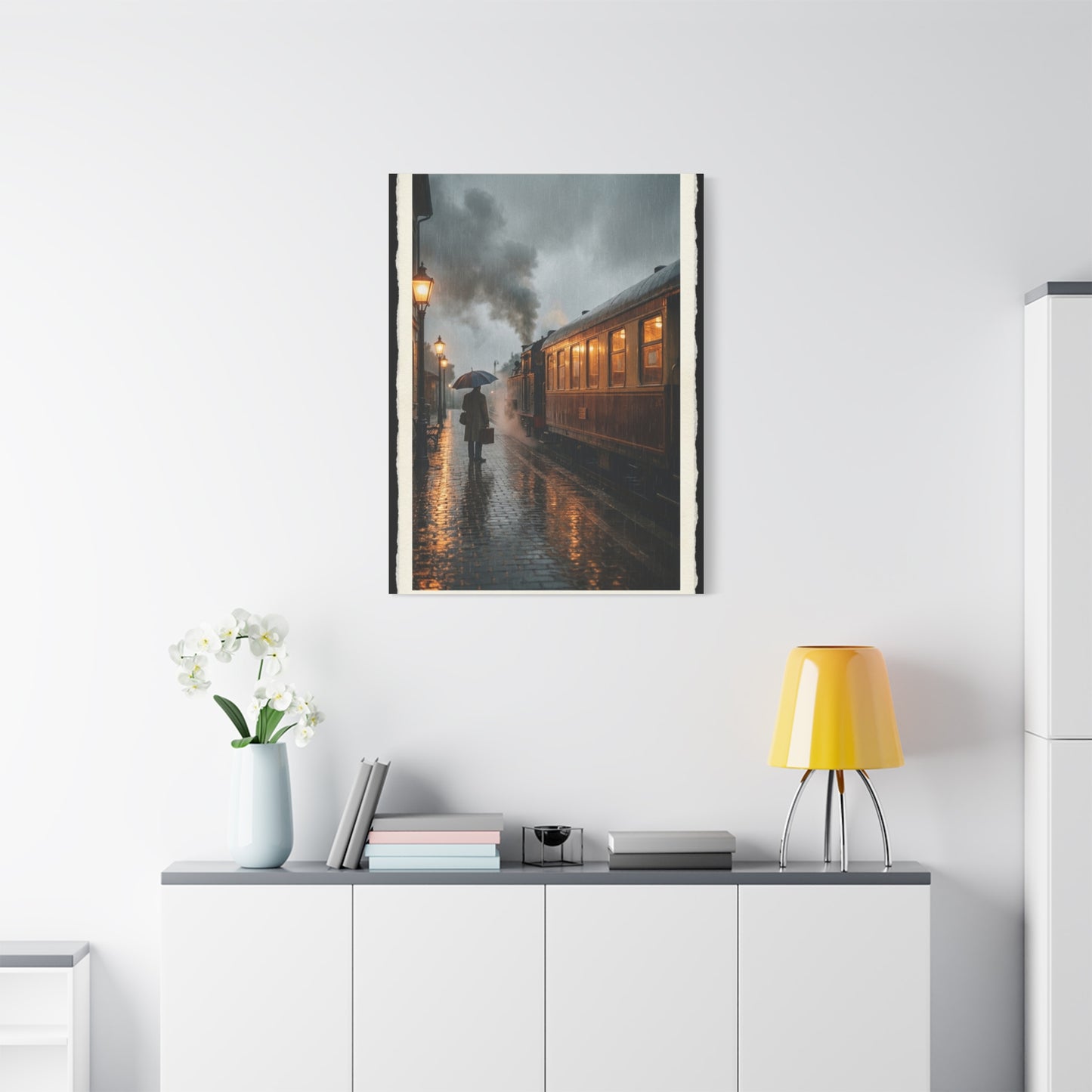 Rainy Train Platform Nostalgia Scene Wall Art & Canvas Print