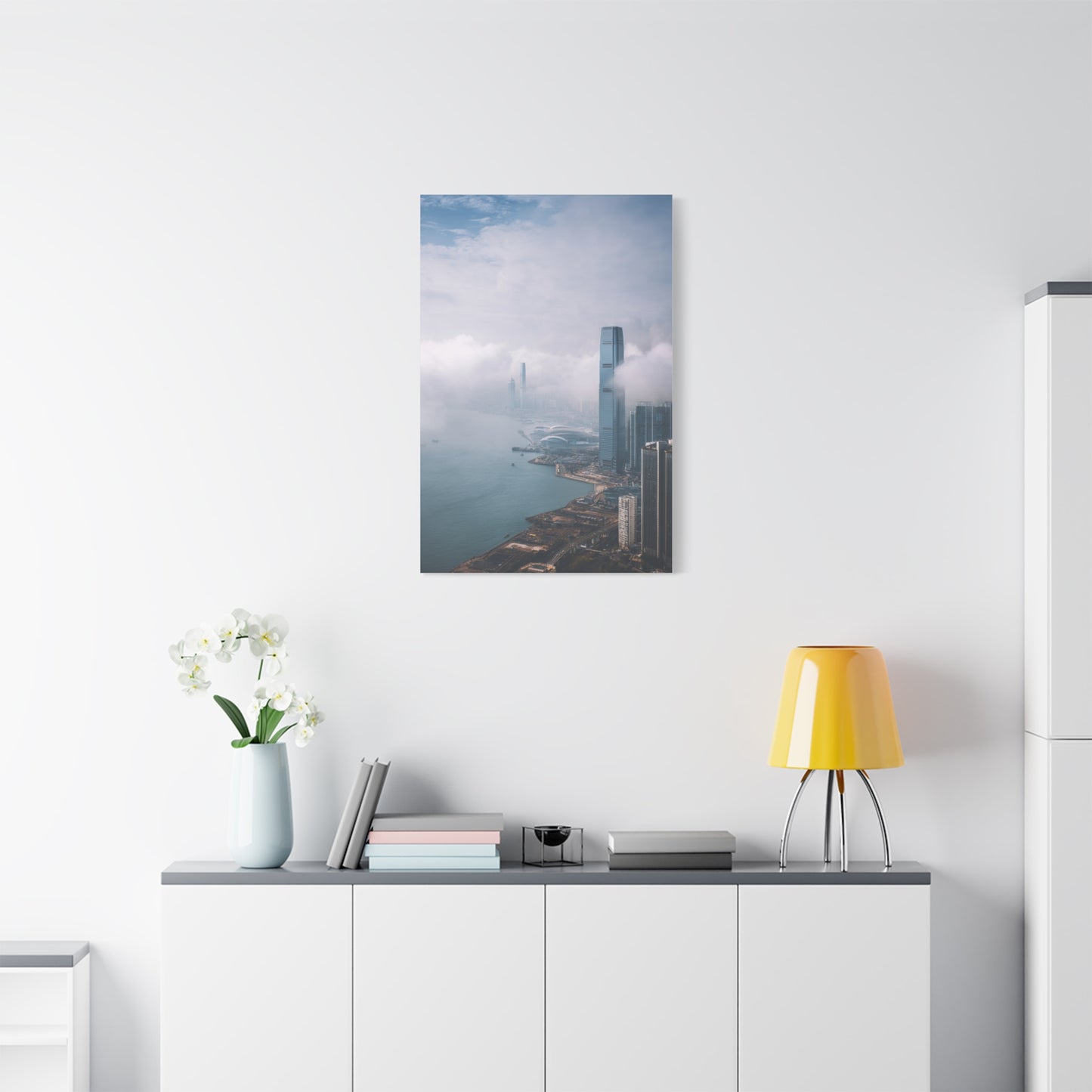 Hong Kong Foggy Harbor Skyline Wall Art & Canvas Print
