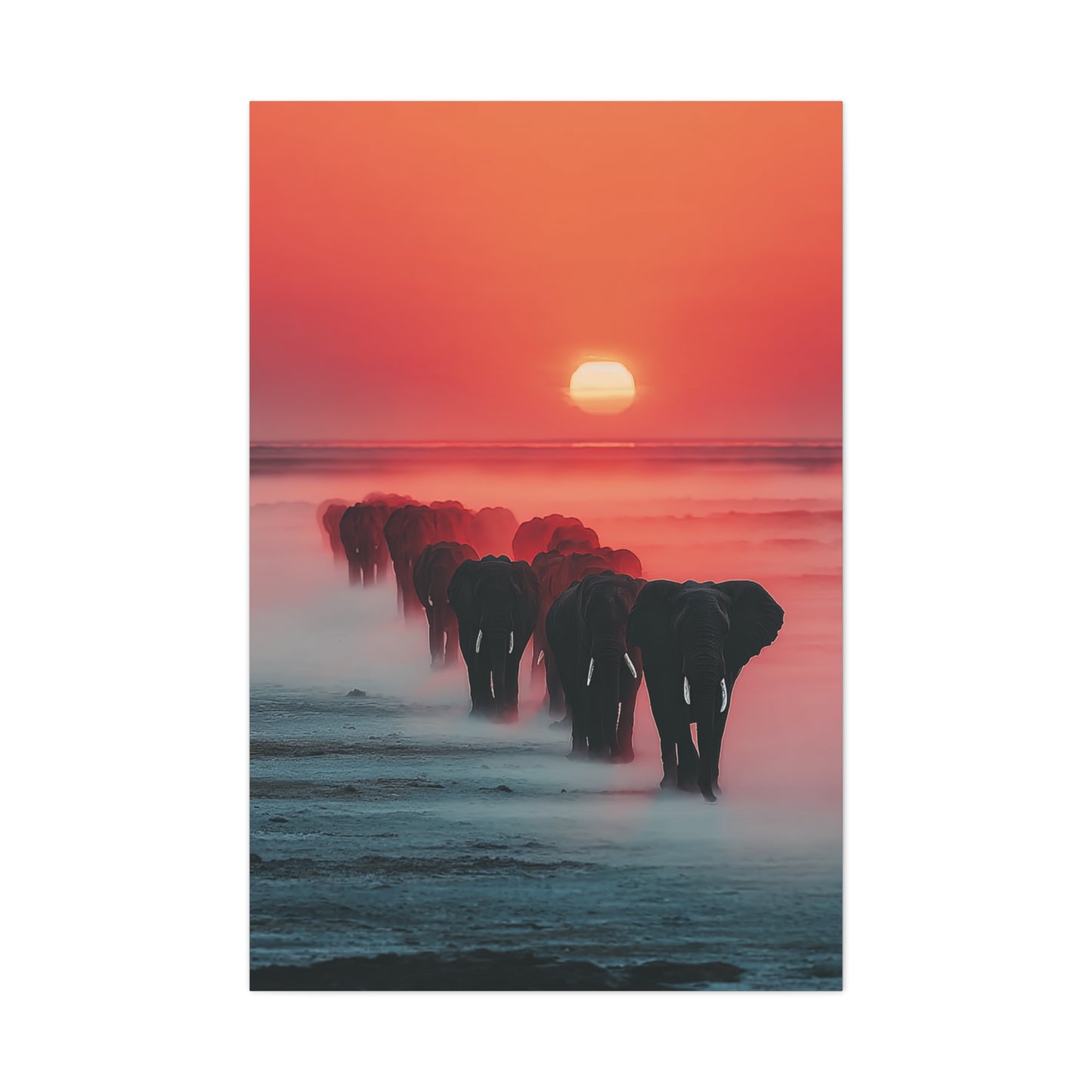 Elephant Herd Sunset Journey Wall Art & Canvas Print