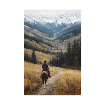 Cowboy Riding Toward a Hidden Mountain Valley Wall Art & Canvas Print