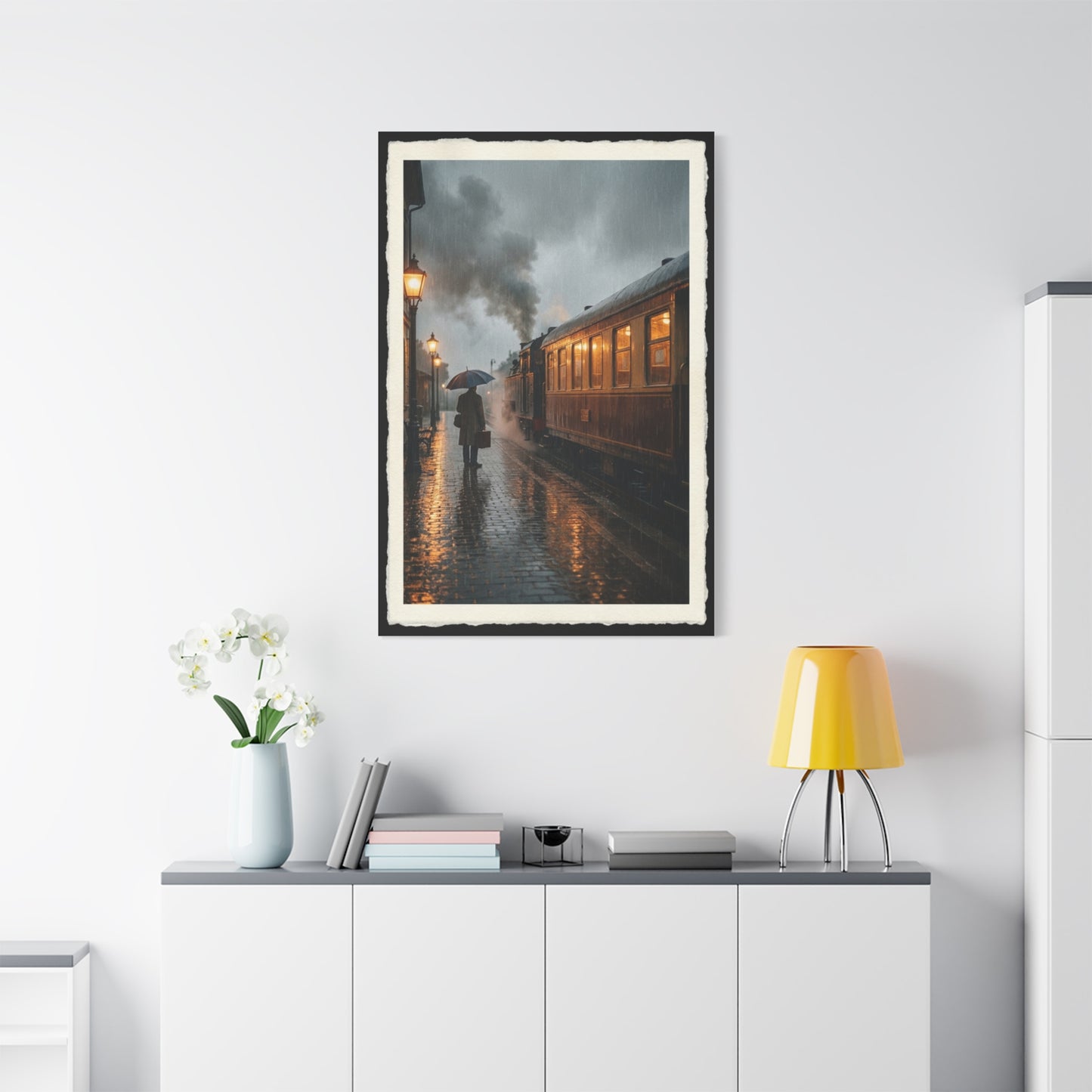 Rainy Train Platform Nostalgia Scene Wall Art & Canvas Print