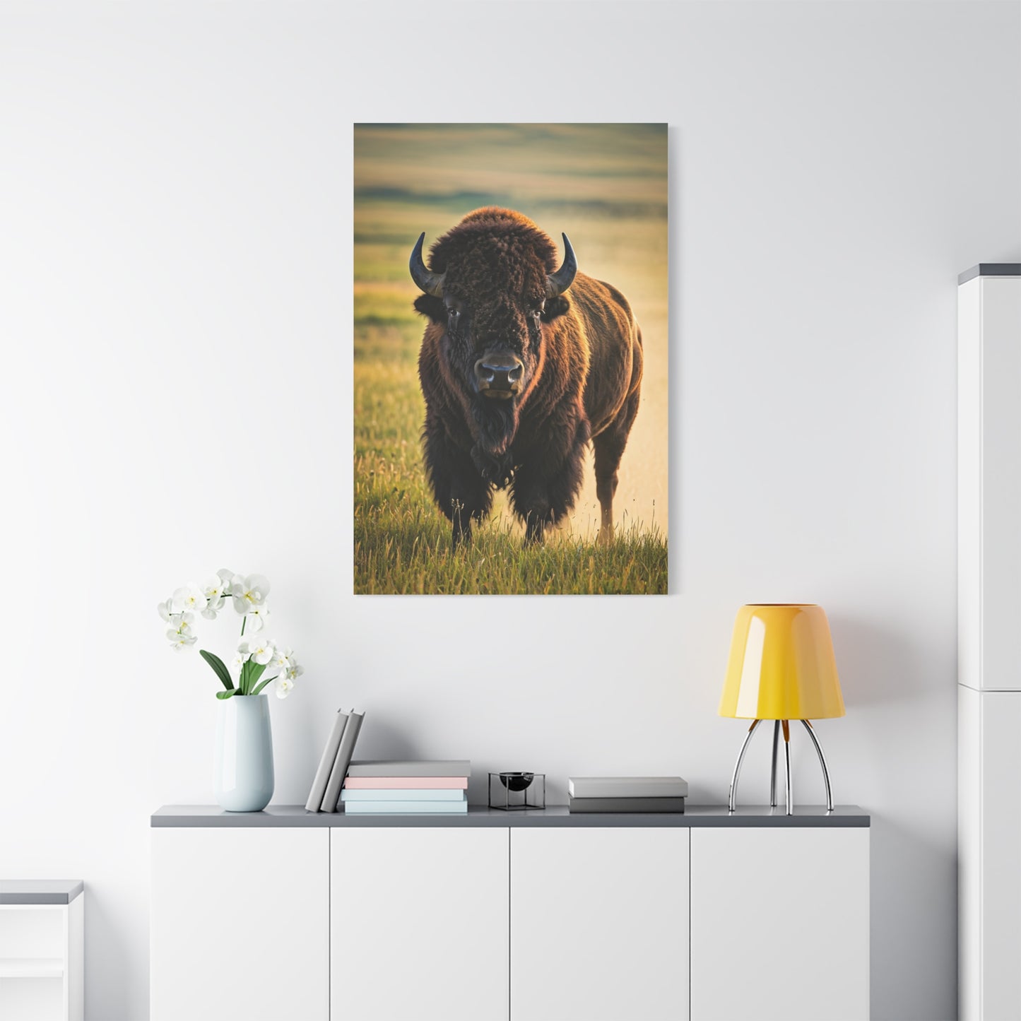 American Baby Bison Walking Through Prairie Grass Wall Art & Canvas Print