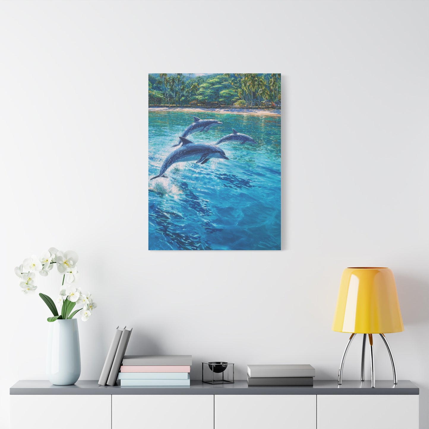 Dolphins Leaping Near Tropical Coastline Wall Art & Canvas Print