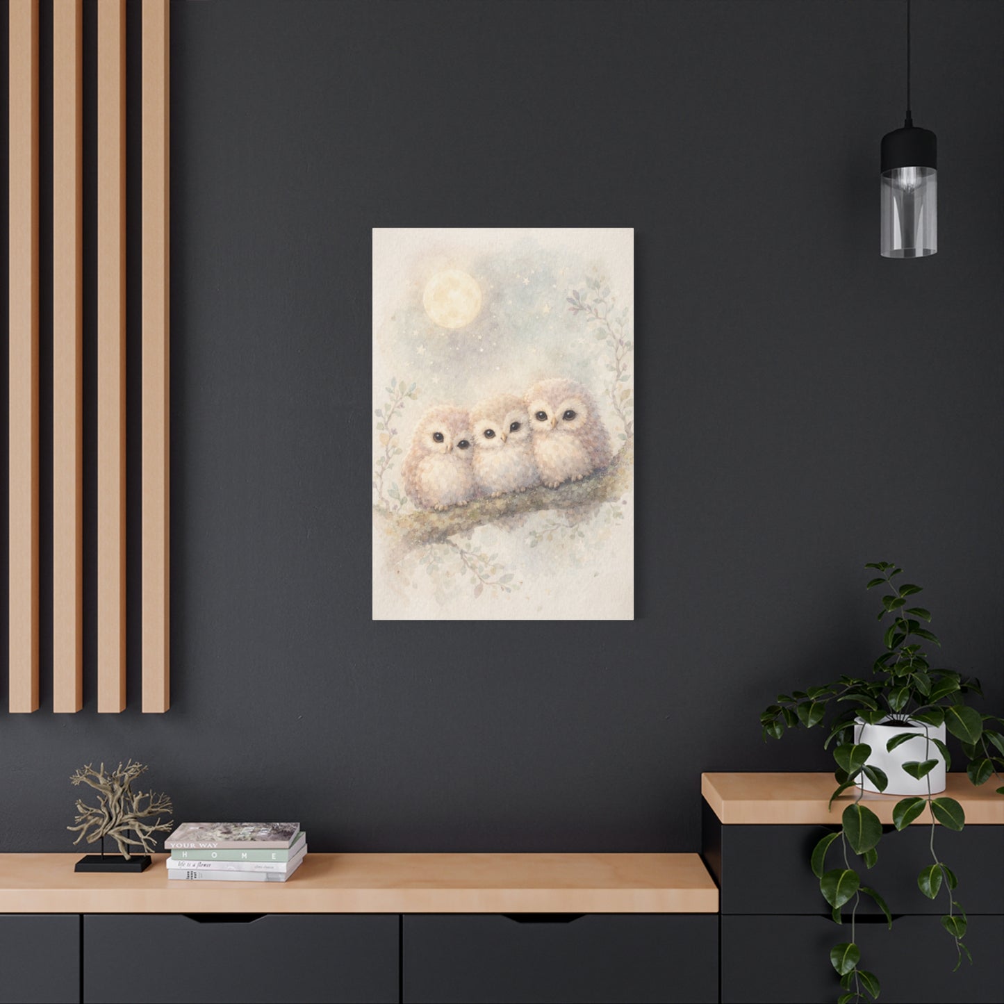 Moonlit Owlet Trio Watercolor Wall Art & Canvas Print