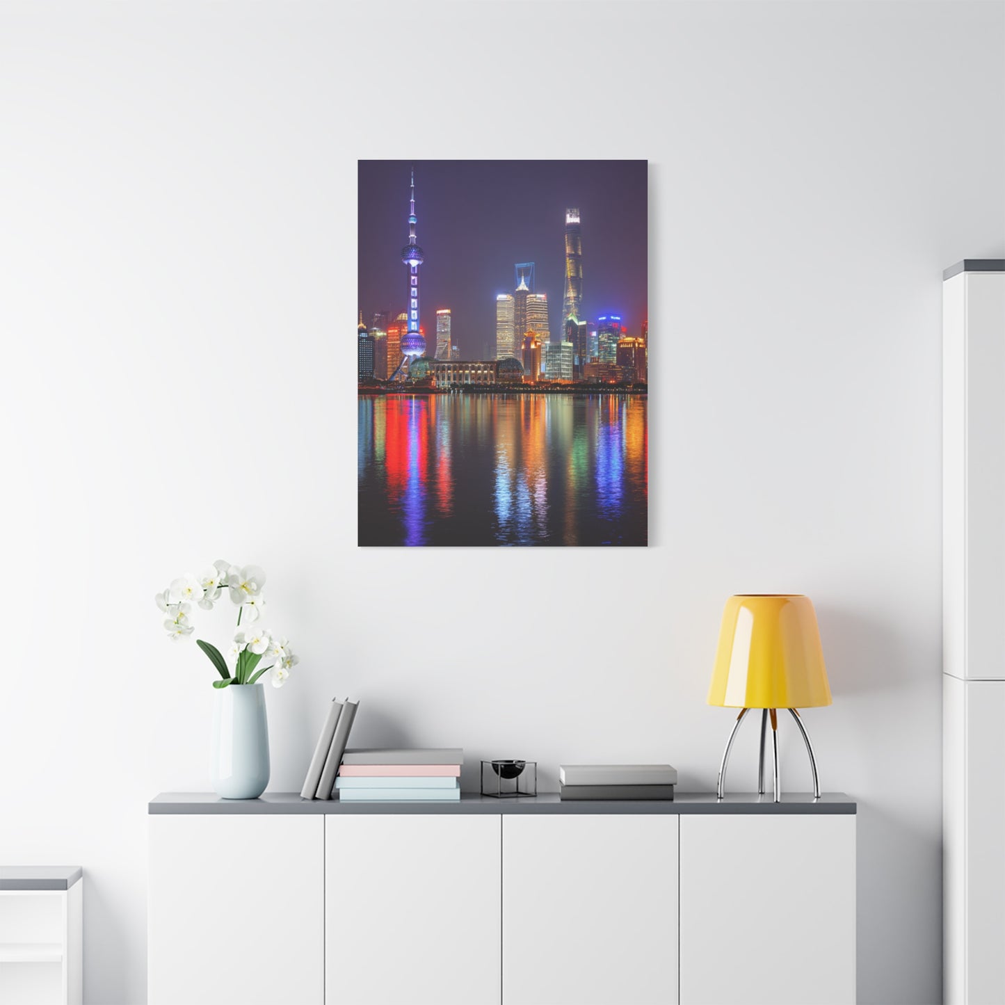 Shanghai Skyline Night Reflections Wall Art & Canvas Print