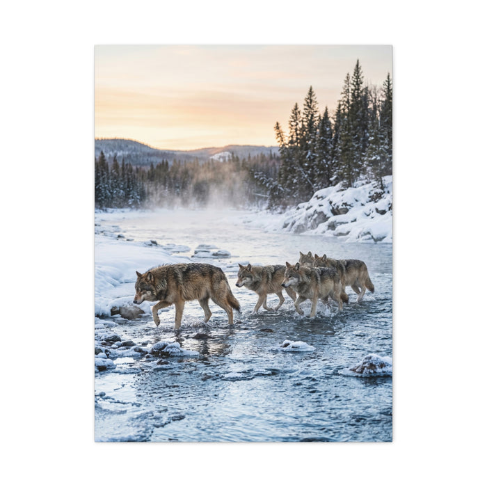 Winter River Wolf Pack Crossing Scene Wall Art & Canvas Print
