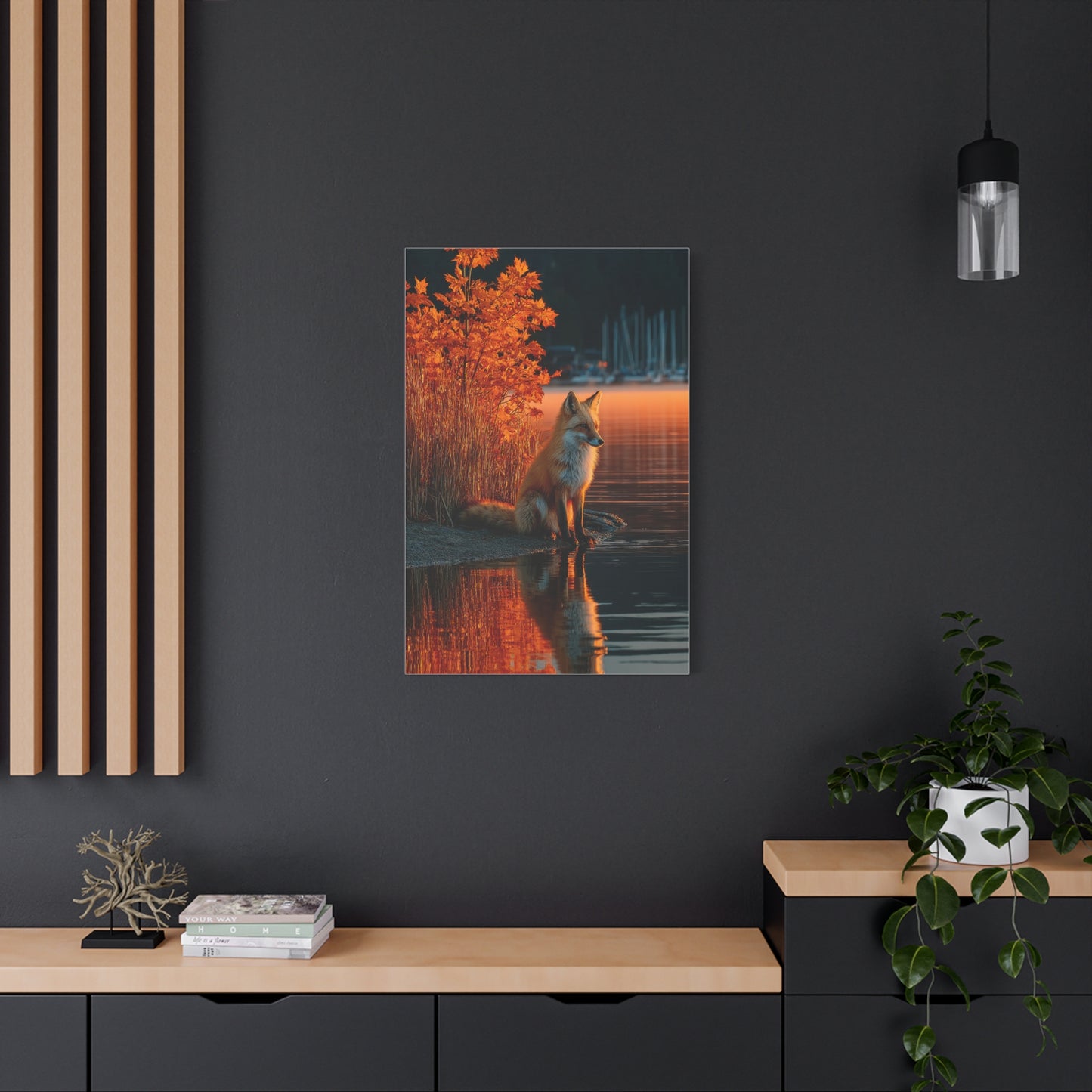 Autumn Lakeside Fox Reflection Wall Art & Canvas Print