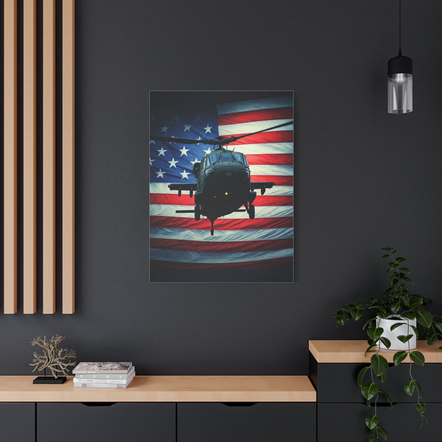 Helicopter Over American Flag Tribute Wall Art & Canvas Prints