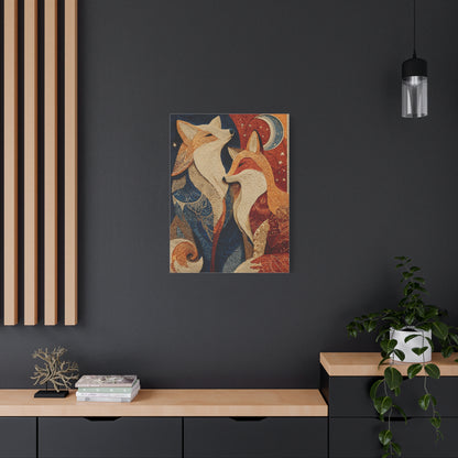 Folk Twin Foxes Celestial Linocut Wall Art & Canvas Print
