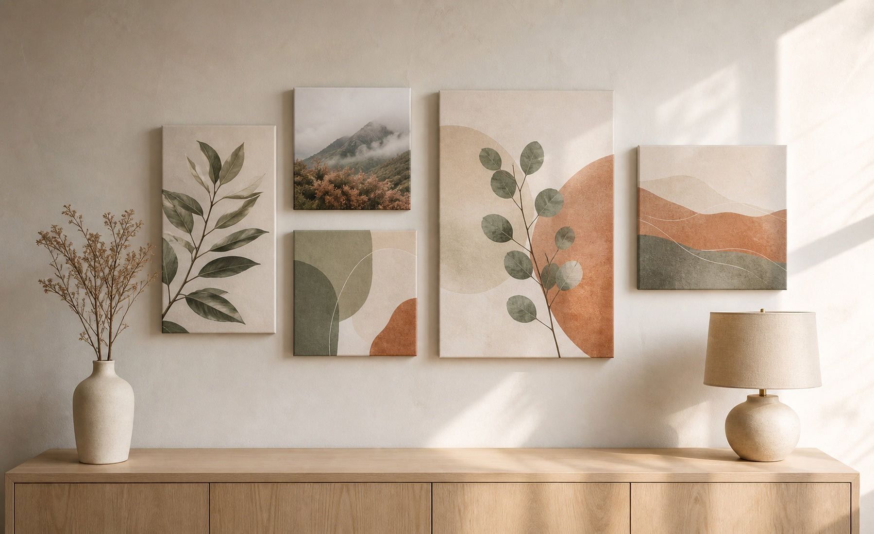Gallery wall of five canvases above a sideboard